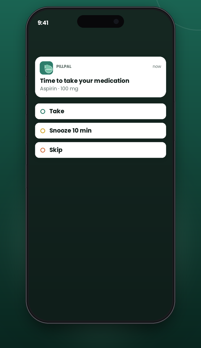 A medication notification with Take, Snooze and Skip actions