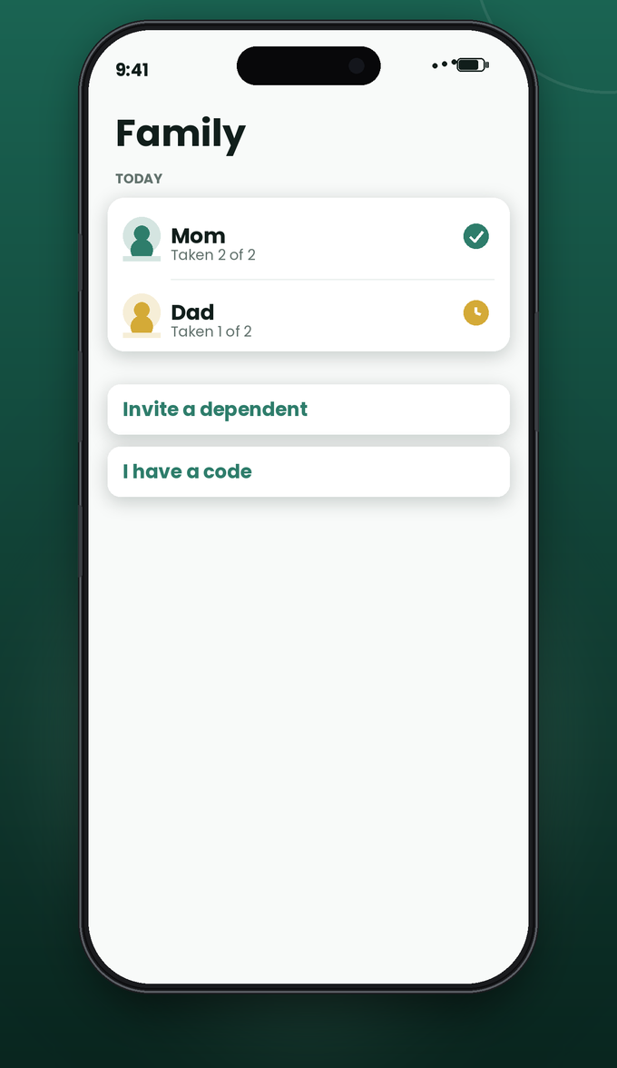 Family screen showing Mom and Dad's medication status